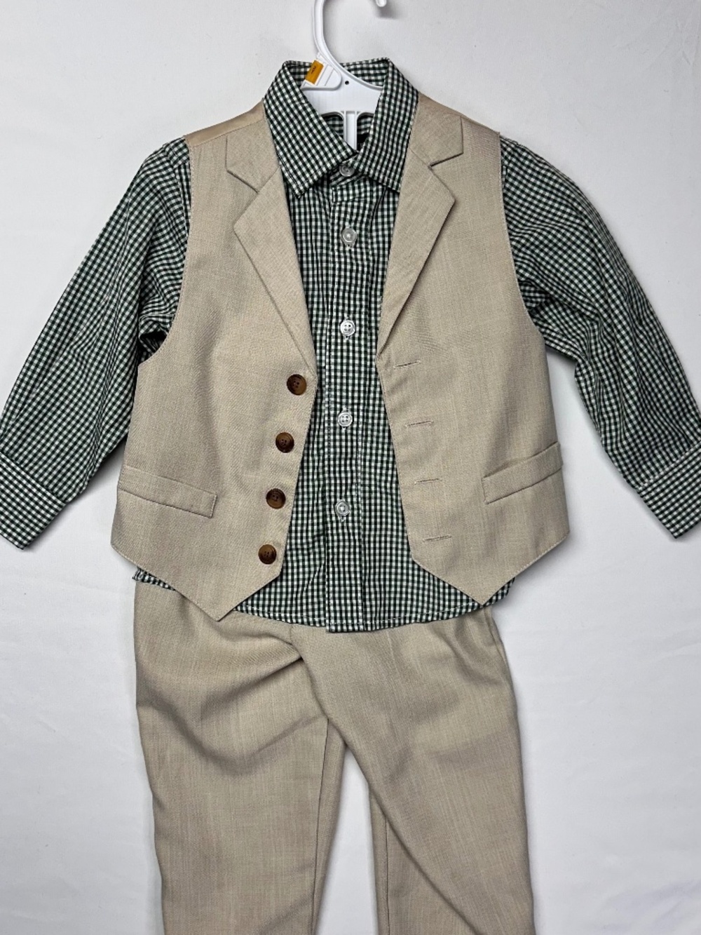 2T Toddler suite, shirt,vest & pants beige and green gingham pattern